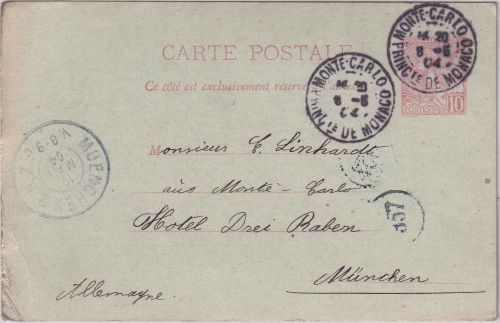Monaco - 10 C. Charles III. Ganzsachenkarte Monte Carlo - München 1904