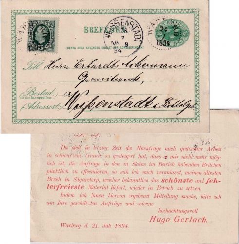 Schweden - 5 Ö. Ganzsache (Zudruck) + Zusatz Warberg - Weißenstadt 1894