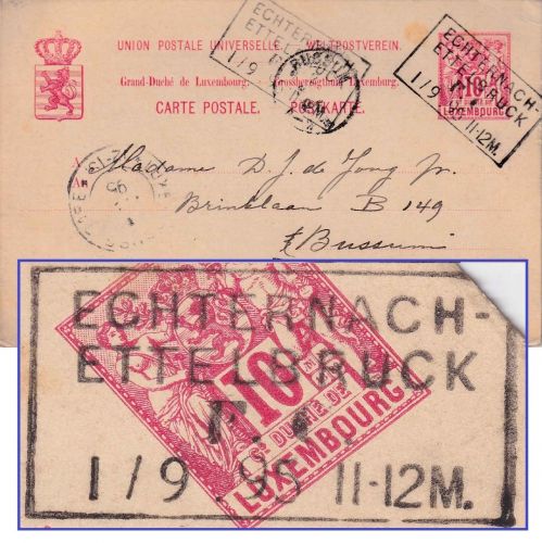Luxemburg - Echternach/Ettelbruck Bahnpost-Ra4 10 C. GA-Karte Diekirch 1895