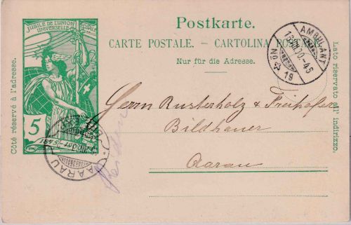 Schweiz - 5 Rp. UPU-Jub.-Ganzsache Ambulant No. 19 (Reiden) - Aarau 1900