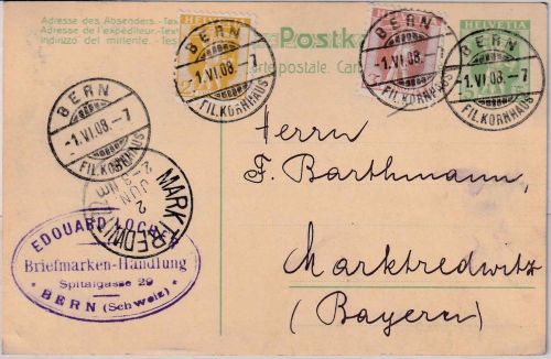 Schweiz - 5 Rp. Tellknabe Ganzsache+bildgl. Zusatz Bern - Marktredwitz 1908