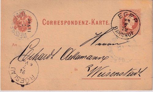 Österreich - Eger Bahnhof 23/7 79 K1 2 Kr. Ganzsachenkarte n. Weissenstadt