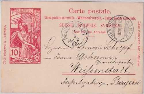 Schweiz - 10 C. UPU Jubiläums-Ganzsachenkarte Aarau - Weißenstadt 1900