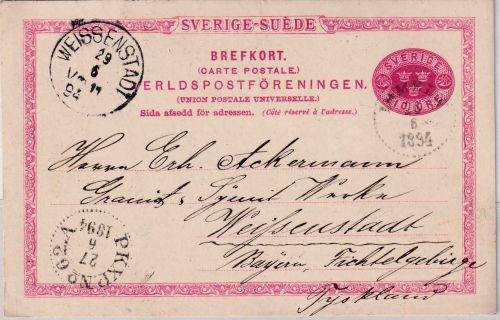 Schweden - 10 Ö. Ganzsachenkarte kl. K1 Immeln - Weißenstadt 1894