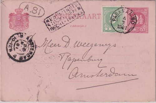 Suriname - 2 1/2 C. Ganzsachenkarte+Zusatz Paramaribo - Amsterdam 1901