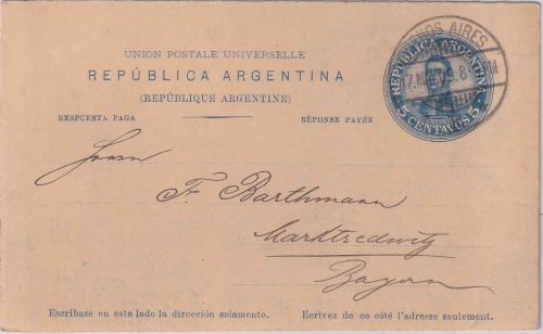 Argentinien - 5 C. Ganzsachenkarte/Frageteil Buenos Aires - Marktredwitz 1909