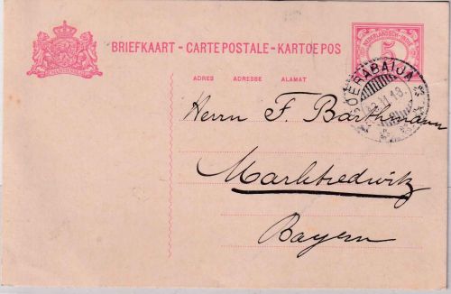 Niederl. Indien - 5 C. Ganzsachenkarte Soerabaija - Marktredwitz 1913