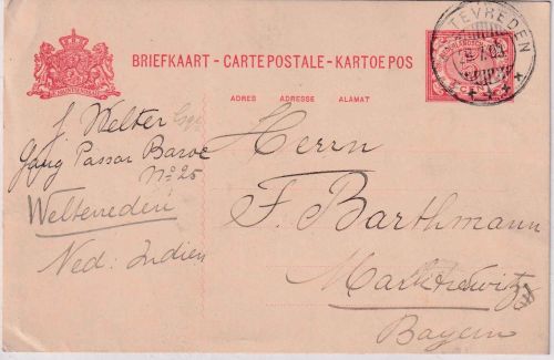 Niederl. Indien - 5 C. Ganzsachenkarte Weltefreden - Marktredwitz 1909