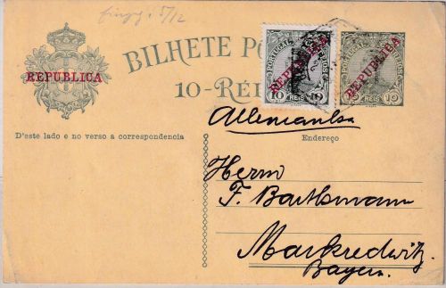Portugal - 10 R. "Republica" Ganzsachenkarte+Zusatz Lissabon - Marktredwitz 1910