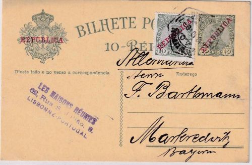 Portugal - 10 R. "Republica" Ganzsachenkarte+Zusatz Lissabon - Marktredwitz 1910