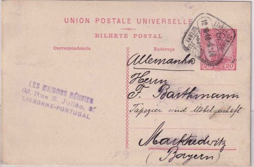 Portugal - 20 R. Manuel II. Ganzsachenkarte Lissabon - Marktredwitz 1910