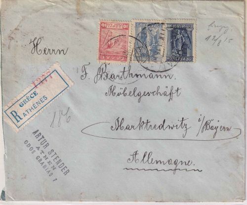 Griechenland - 40+25+10 L. Hermes/Iris Einschreibebrief Athen Marktredwitz 1915