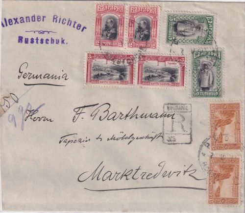 Bulgarien - 2x15 St. u.a. Freimarken Einschreibebrief Rustschuk 1911