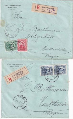 Rumänien - Craiova 1908/09 2 Einschreibebriefe n. Marktredwitz