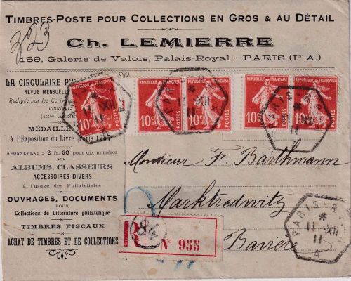 Frankreich - 5x10 C. Säerin Einschreibebrief Paris - Marktredwitz1911 Absender !