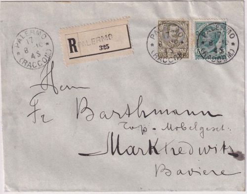 Italien - 45+5 C. Freimarken Einschreibebrief Palermo - Marktredwitz1910
