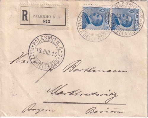 Italien - 2x25 C. V. Emanuel III. Einschreibebrief Palermo - Marktredwitz 1910