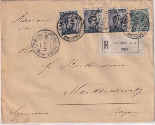Italien - 3x15+5 C. Freimarken Einschreibebrief Palermo - Marktredwitz 1910