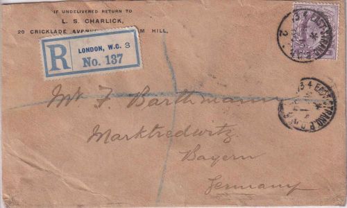 England - 6 P. Edward VII. Einschreibebrief London - Marktredwitz 1909