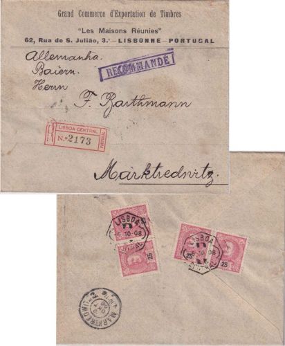 Portugal - 4x25 R. Carlos I. Einschreibebrief Lissabon - Marktredwitz 1908