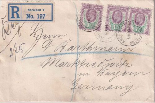 England - 3x1 1/2 P. Edward VII. Einschreibebrief Norwood - Marktredwitz 1910