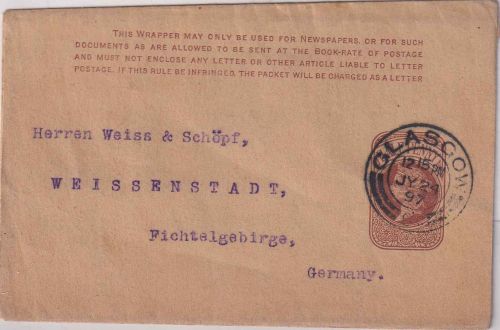 England - 1/2 P. Victoria Ganzsachenstreifband Glasgow - Weißenstadt 1897