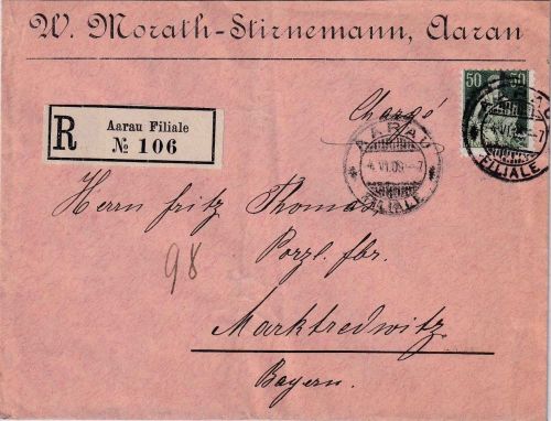 Schweiz - 50 Rp. sitz. Helvetia Einschreibebrief Aarau - Marktredwitz 1909