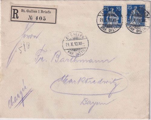 Schweiz - 2x25 Rp sitz. Helvetia Einschreibebrief St. Gallen - Marktredwitz 1913