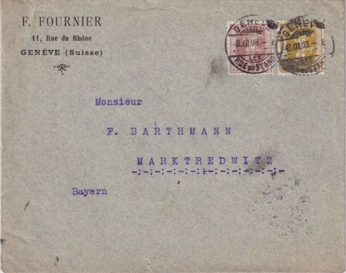 Schweiz - 3+2 Rp. Tellknabe Drucksachenbrief Genf - Marktredwitz 1908