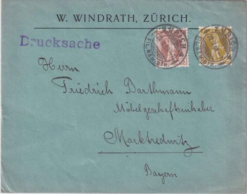 Schweiz - 3+2 Rp. Tellknabe Drucksachenbrief Zürich 4 - Marktredwitz 1908