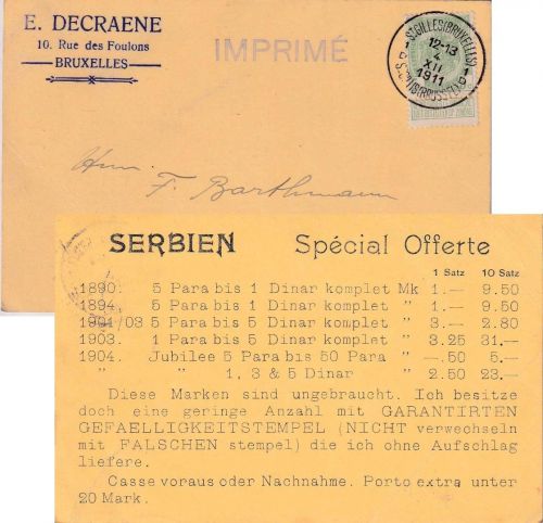 Belgien - 5 C. Wappen Drucksachenkarte (Philatelie-Angebot) St. Gilles 1910