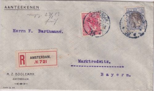 Niederlande - 17 1/2+5 C. Wilhelmina Einschreibebrief Amsterdam 1910