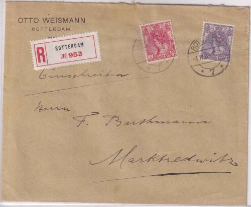 Niederlande - 17 1/2+5 C. Wilhelmina Einschreibebrief Amsterdam 1909