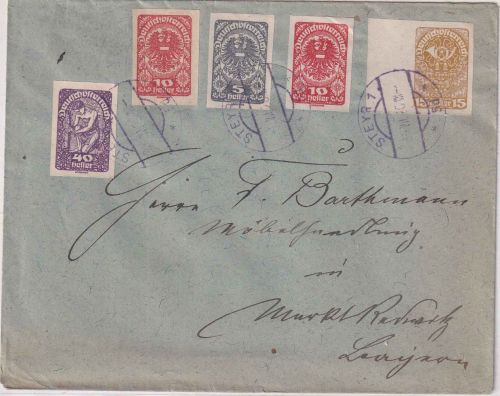 Österreich - 40 H. Freimarken geschn. u.a. Brief Steyr - Marktredwitz 1920