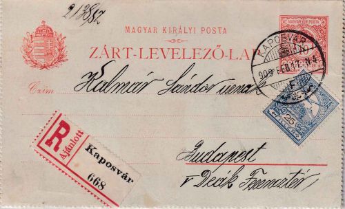 Ungarn - 10 f. GA_Kartenbrief+Zusatz/Einschreiben Kaposvar - Budapest 1909