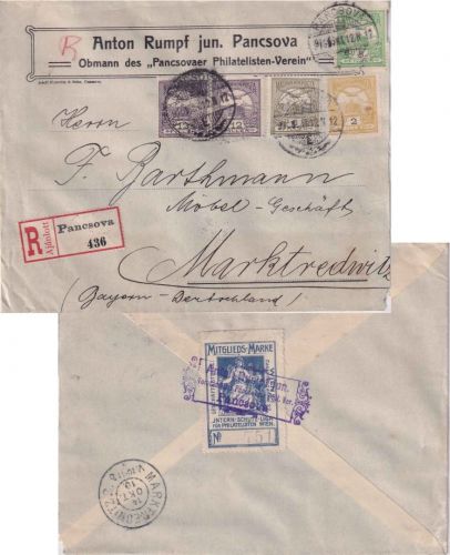Ungarn/Serbien - 2x12 f. Turul ua. Einschreibebrief Pancsova - Marktredwitz 1910