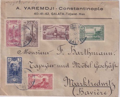Türkei - Freimarken 1914 Teilsatz/Brief Galata - Marktredwitz 1914