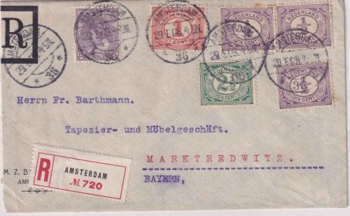 Niederlande - 17 1/2 C. Wilhelmina u.a. Einschreibebrief Amsterdam 1908