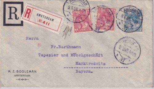 Niederlande - 2x5+12 1/2 C. Wilhelmina Einschreibebrief Amsterdam 1908