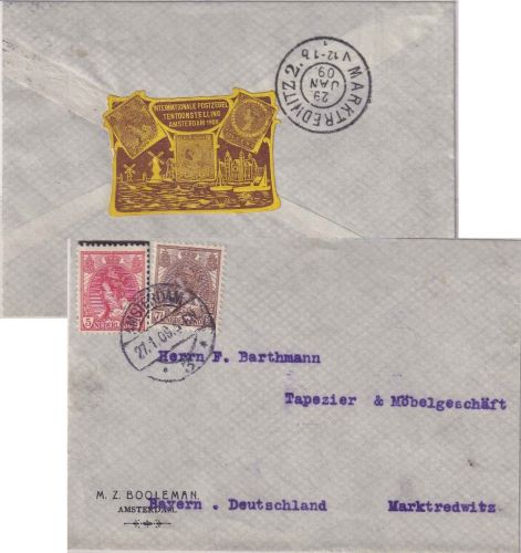 Niederlande - 5+7 1/2 C. Wilhelmina Brief Amsterdam - Marktredwitz 1909 Vignette