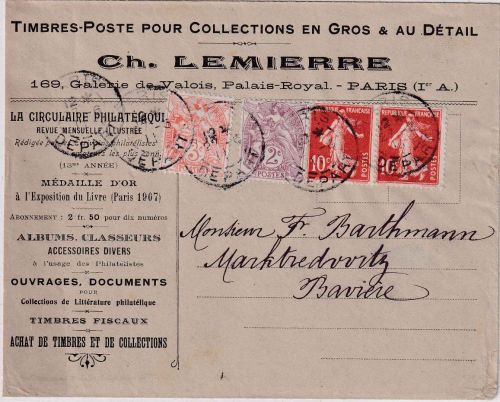 Frankreich - 2x10 C. Säerin u.a. Brief Paris - Marktredwitz 1911
