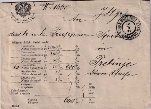 Bosnien & Herzegowina - Sarajevo 1896 Dienst-Wertbrief n. Trebinje