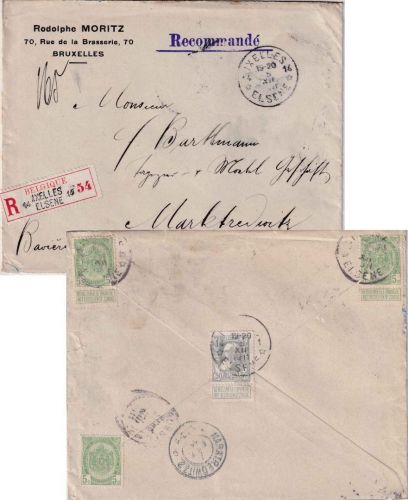 Belgien - 50 C. Unabhängigkeit u.a. Einschreibebrief Brüssel - Marktredwitz 1911
