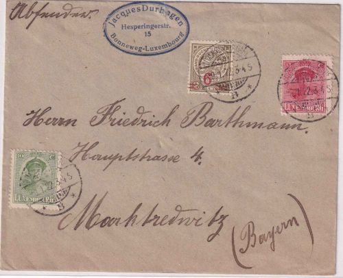 Luxemburg - 15 C. Geburt Thronfolger u.a. Brief Luxemburg-Gare Marktredwitz 1922