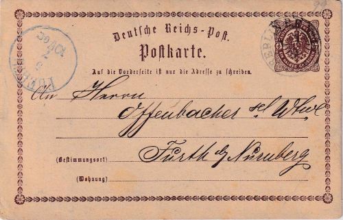DR/Bayern - 1/2 Gr. Brustschild Ganzsachenkarte Berlin - Fürth 1873