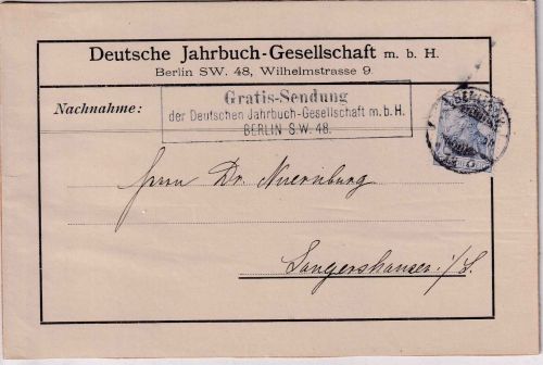 DR - 20 Pfg. Germania o.Wz. Drucksache-Vds.>250g Berlin 1903