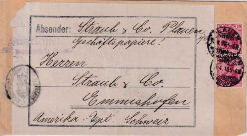 DR - 2x10 Pfg. Germania Geschäftspapiere-Vds. i.d. SCHWEIZ Plauen 1916 Zensur