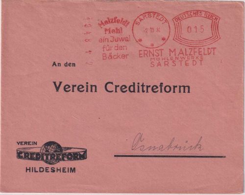 DR - Sarstedt 1931 15 Pfg. AFS "Malzfeldt Mühlenwerke" Brief n. Osnabrück