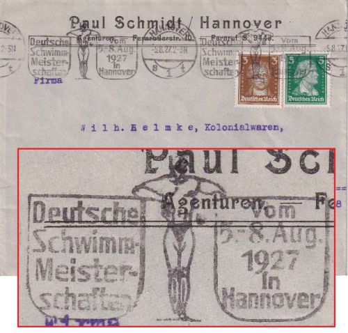 DR - Hannover 1927 Dt. Schwimm-Meisterschaften Masch.werbestempel Brief