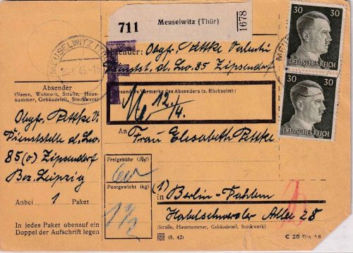 DR - 2x30 Pfg. AH Paketkarte (Luftwaffe !) Meuselwitz - Berlin 20.1.45
